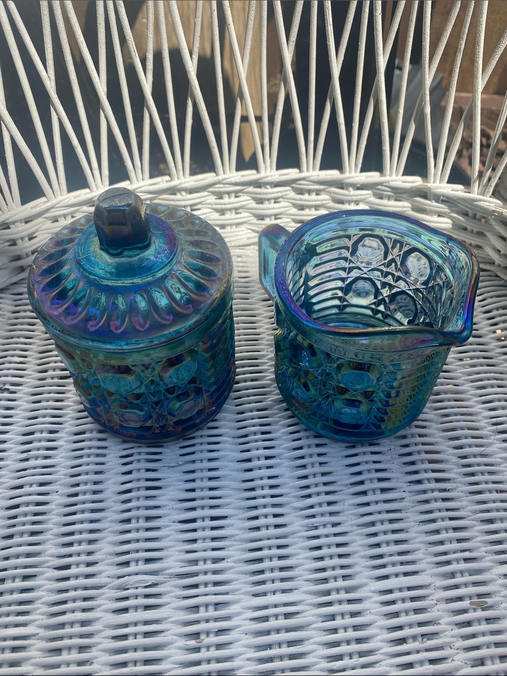 Vintage  Windsor pattern blue iridescent carnival glass creamer and sugar